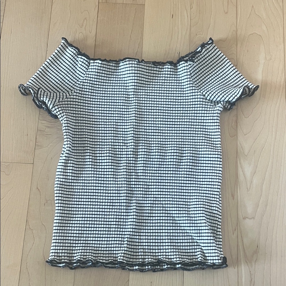 Zara Blue and White Striped Off-Shoulder Top